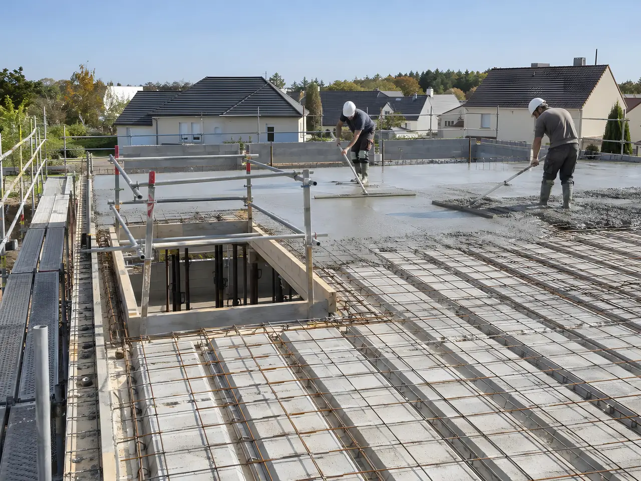 Deux maçons qui tirent le béton sur le plancher d'étage d'une maison neuve, poutrelles et hourdis au premier plan