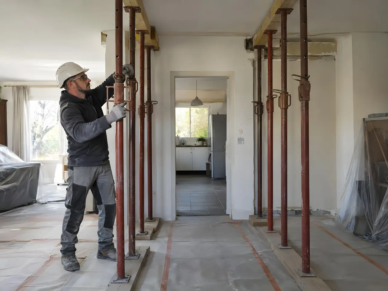 Maçon casqué qui serre un étai sous un bastaing du plafond, rangées d'étais de part et d'autre d'une porte