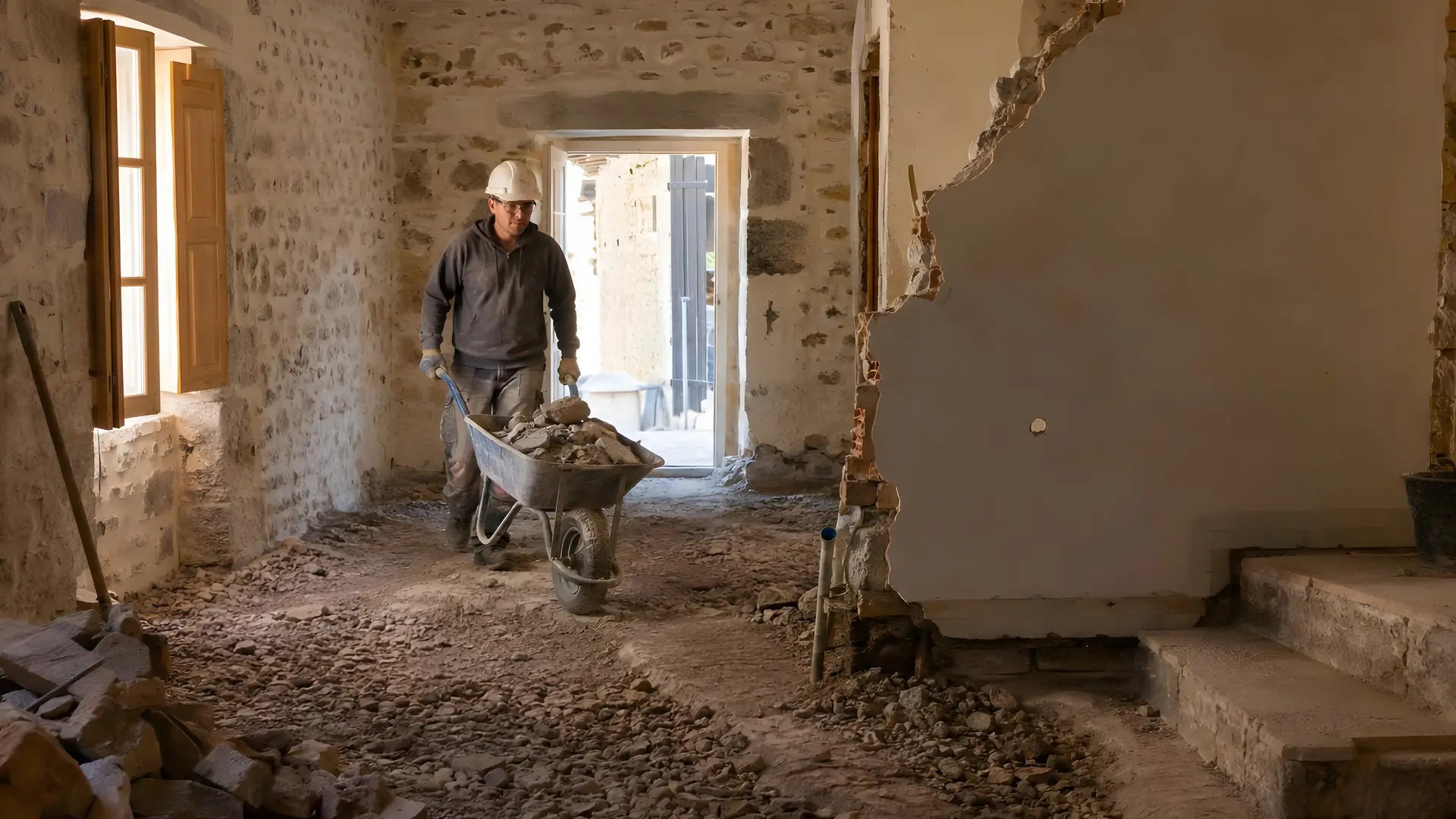 Maçon casqué qui pousse une brouette de gravats dans une pièce aux murs de pierre en rénovation, sol défoncé