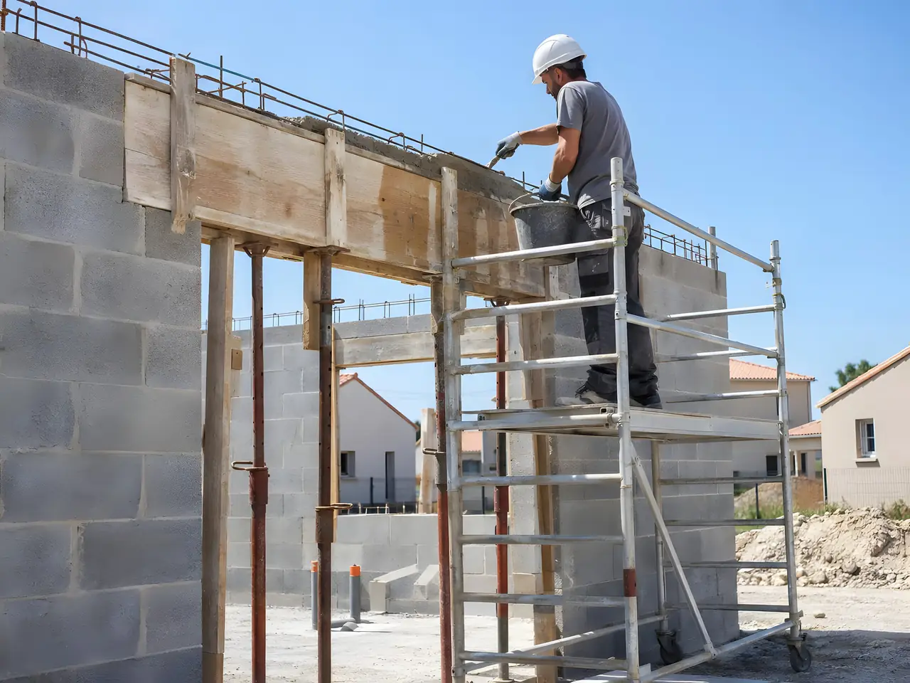 Maçon casqué sur un échafaudage roulant qui coule le béton d'un linteau coffré en planches et soutenu par des étais