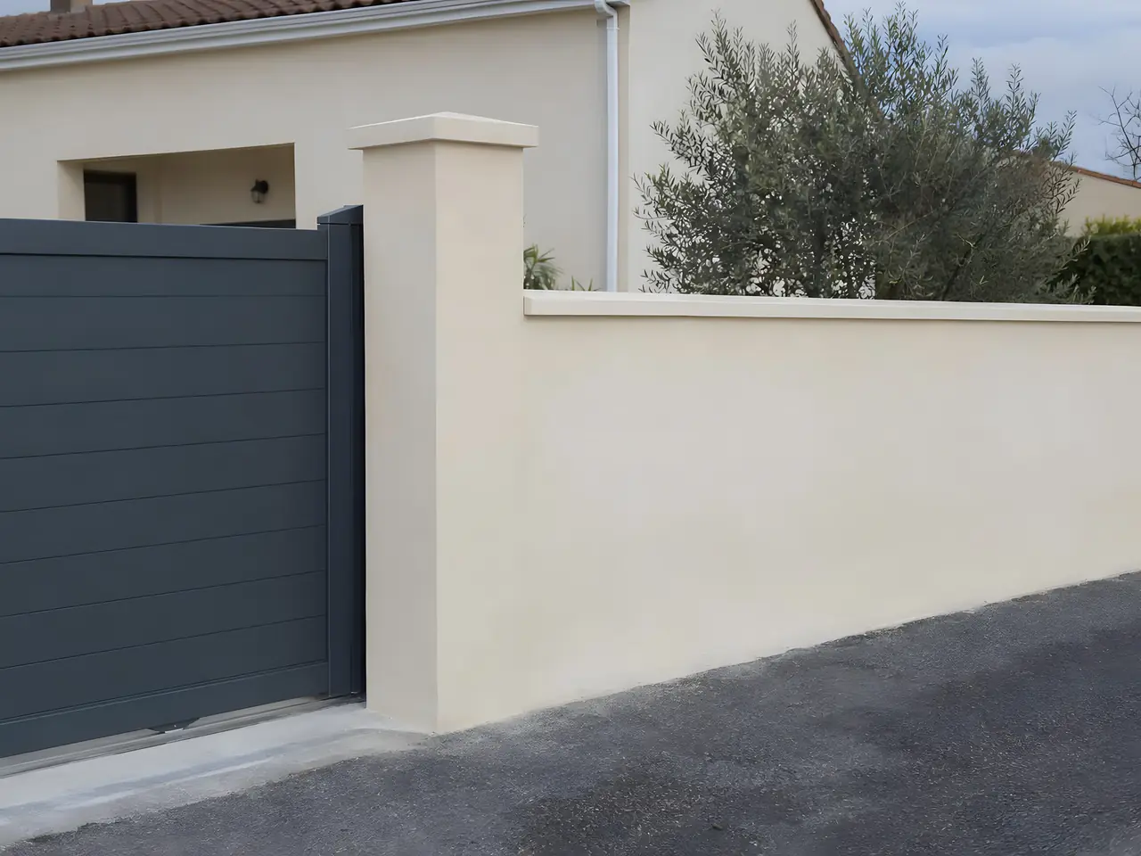 Pilier de portail et mur de clôture refaits, enduit beige lisse et chaperons neufs, à côté d'un portail gris