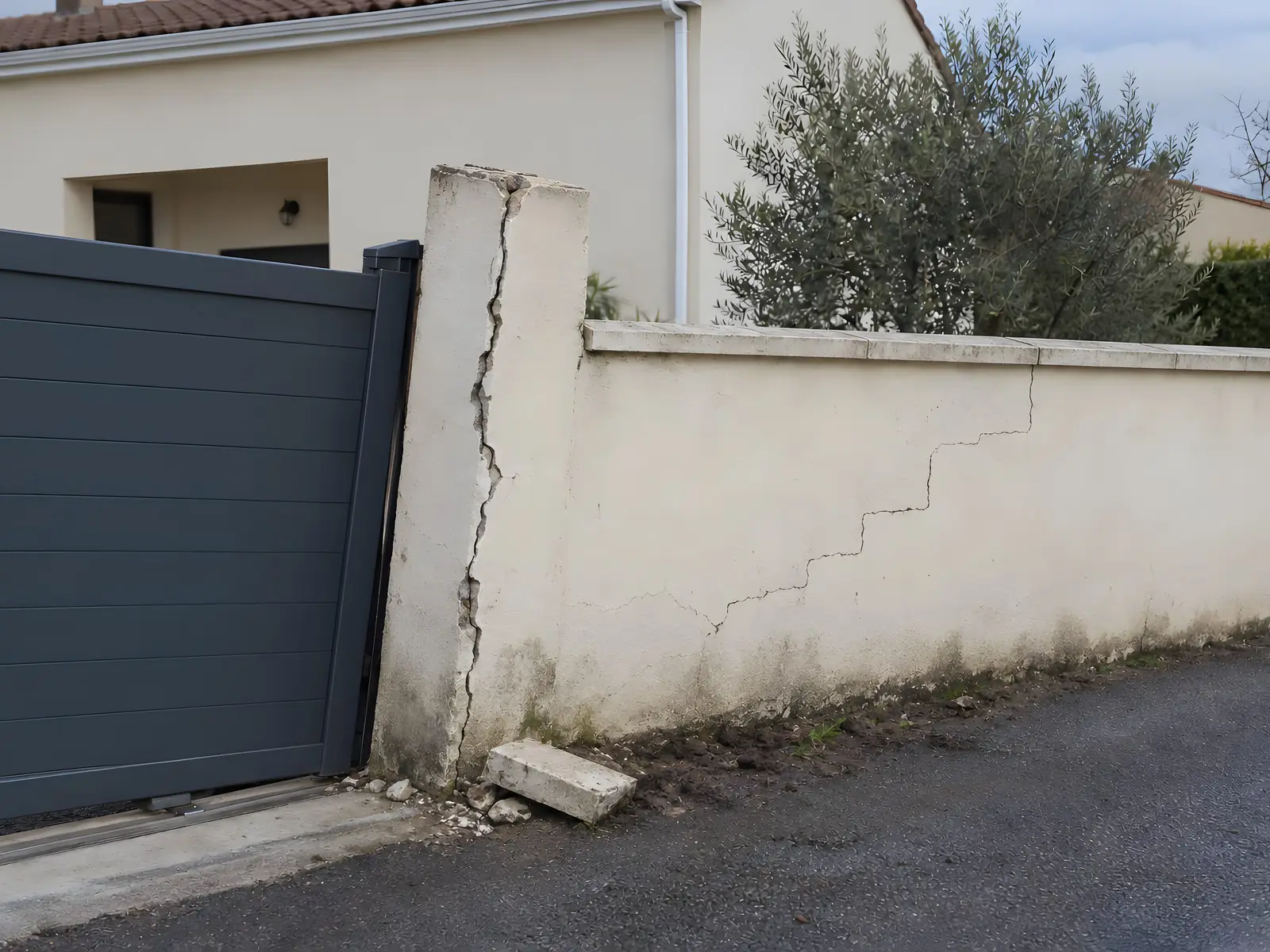 Pilier de portail et mur de clôture enduits, fendus de longues fissures, un morceau de chaperon tombé au sol