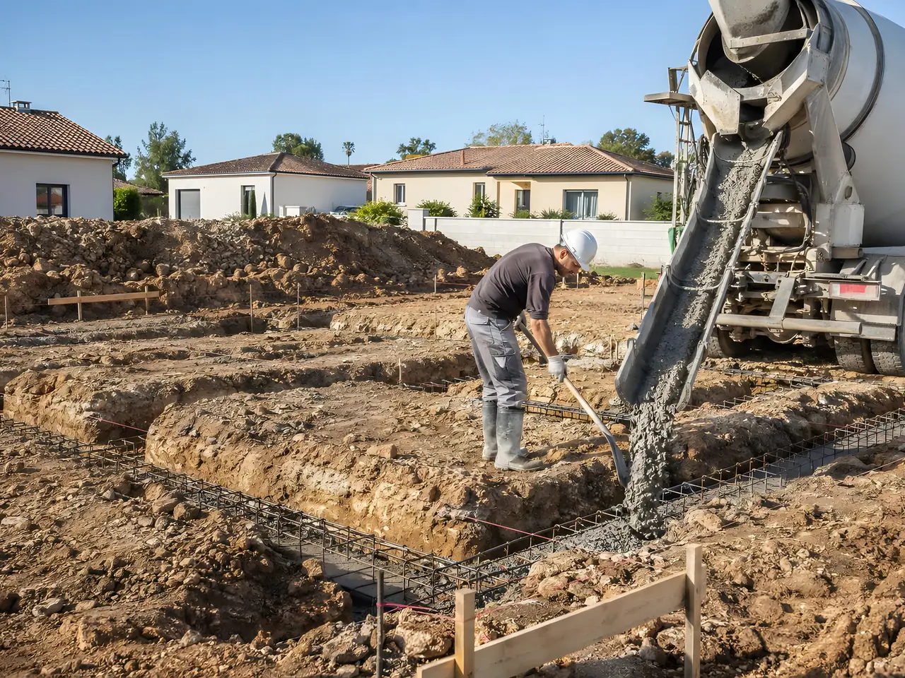 Ouvrier casqué qui guide le béton d'une toupie dans des tranchées de fondation garnies de ferraillage