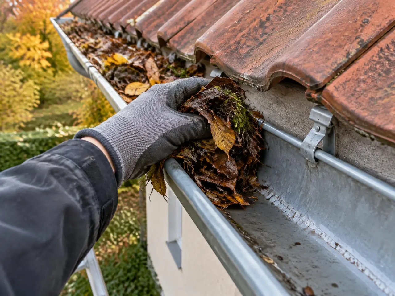 Main gantée qui retire un paquet de feuilles mortes et de mousse d'une gouttière, sous le bord d'un toit de tuiles