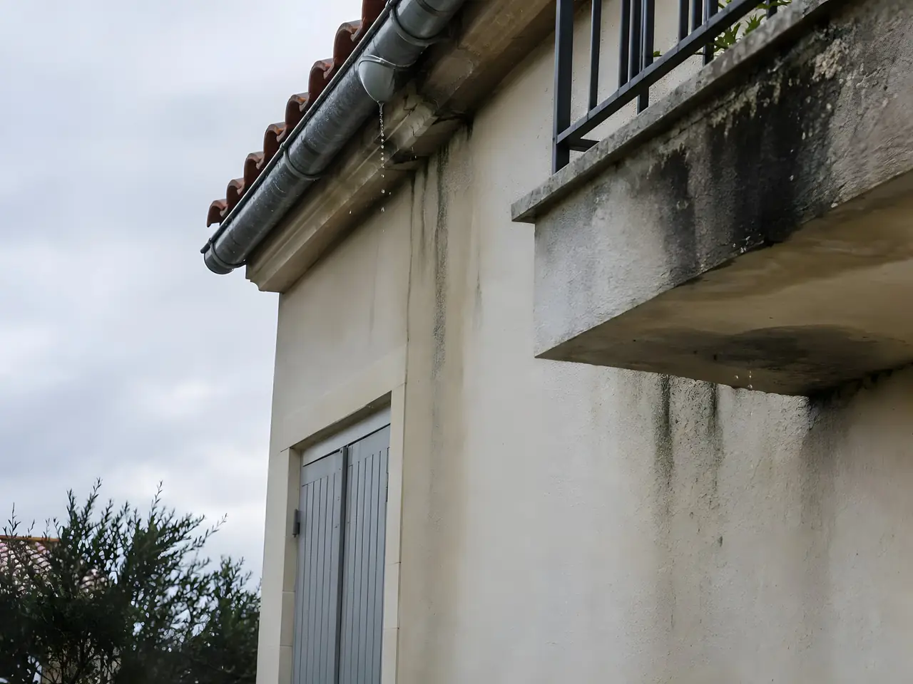 Gouttière qui goutte au coin d'une maison, coulures noires d'humidité sur l'enduit sous un balcon