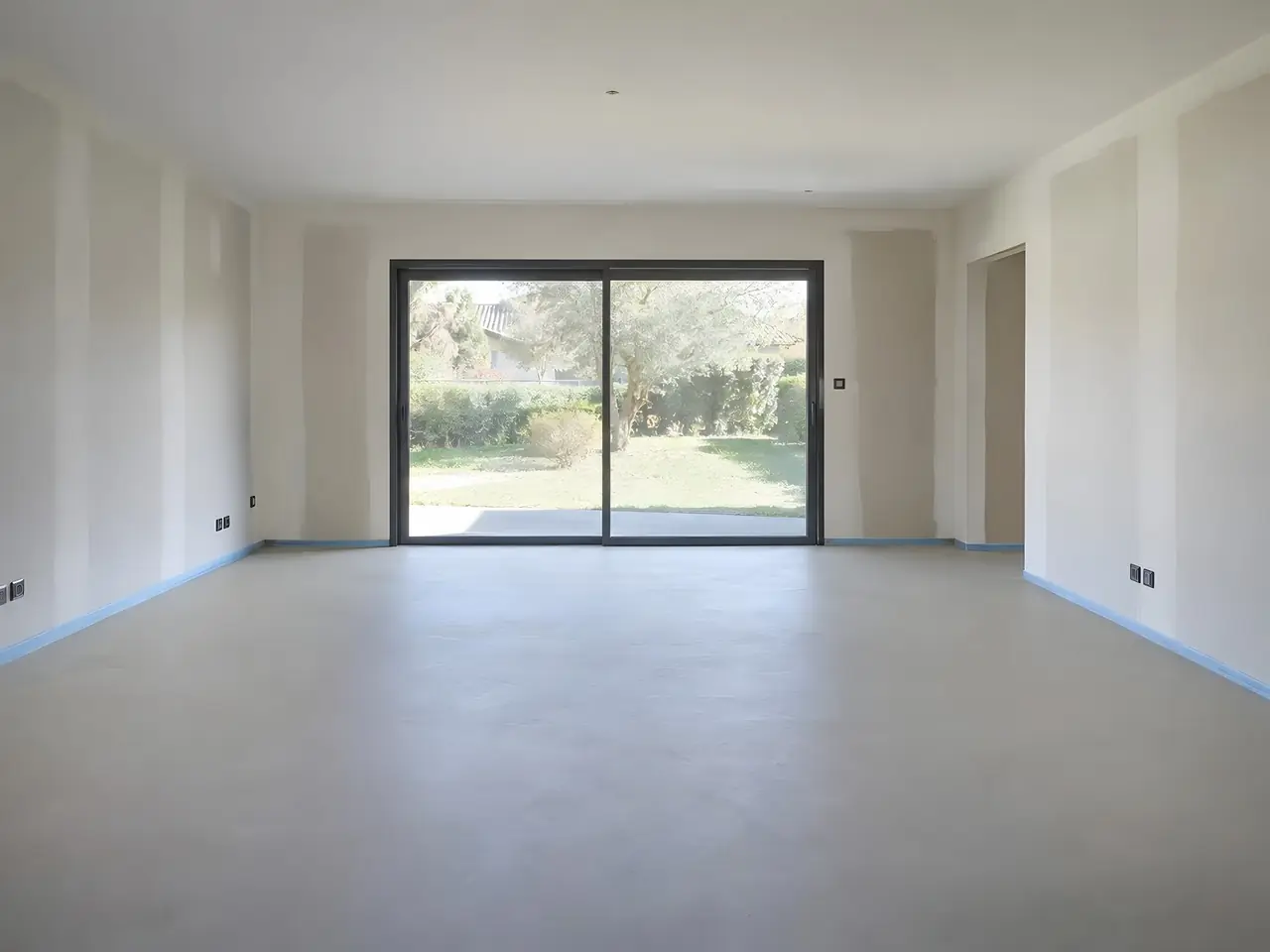 Pièce neuve vide devant une baie vitrée, chape lisse beige grisé de niveau, bande bleue au pied des murs