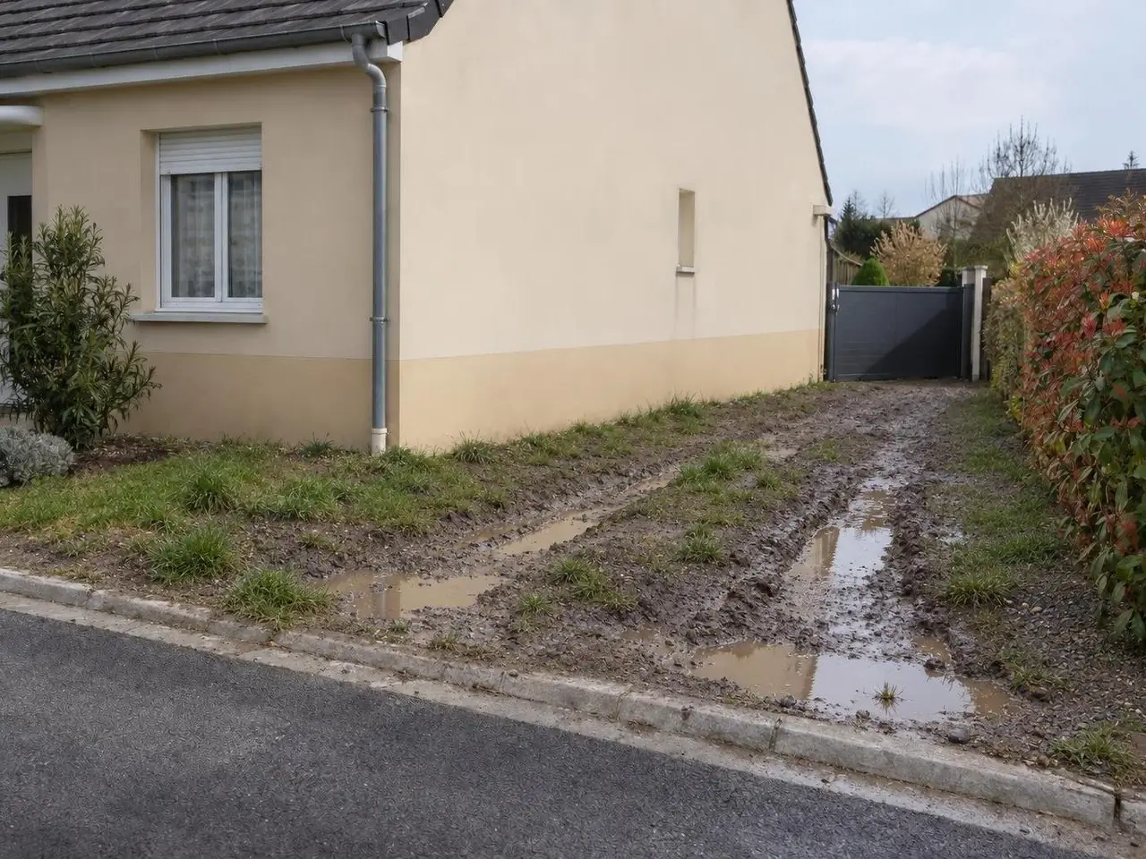 Bande de terre boueuse creusée d'ornières pleines d'eau le long d'un pavillon au crépi beige, jusqu'au trottoir