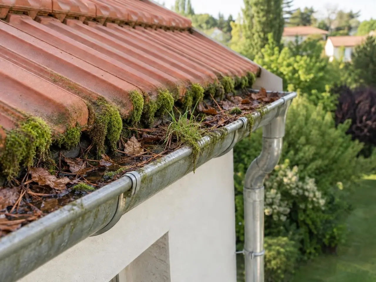 Gouttière en zinc remplie de mousse, de feuilles mortes et d'herbe sous des tuiles rouges moussues, jardin derrière