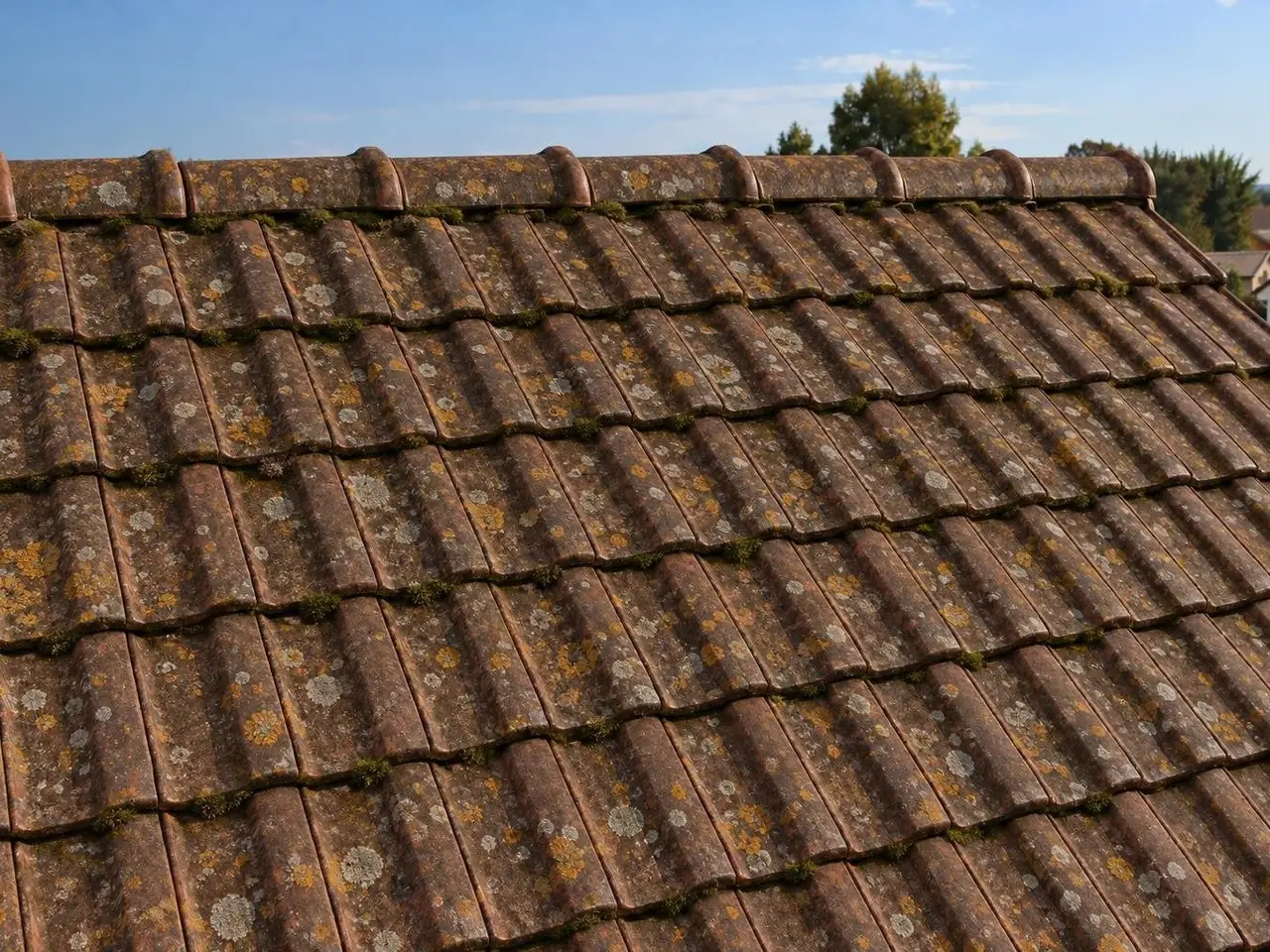 Pan de toit en tuiles mécaniques brunies, couvertes de taches de lichen gris et jaune orangé jusqu'au faîtage