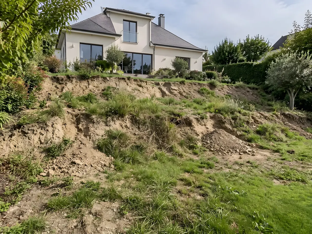 Talus de terre raviné et herbes folles au pied d'une maison enduite, avant le mur de soutènement
