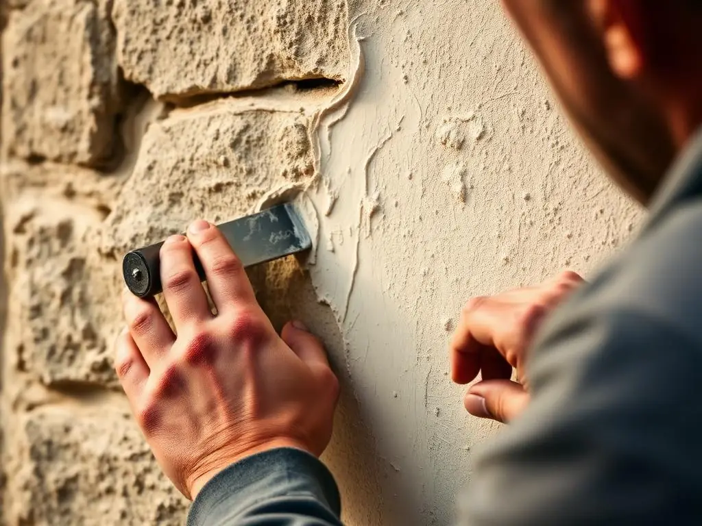 Mains qui étalent un enduit clair sur un vieux mur de pierres irrégulières, une partie encore à nu