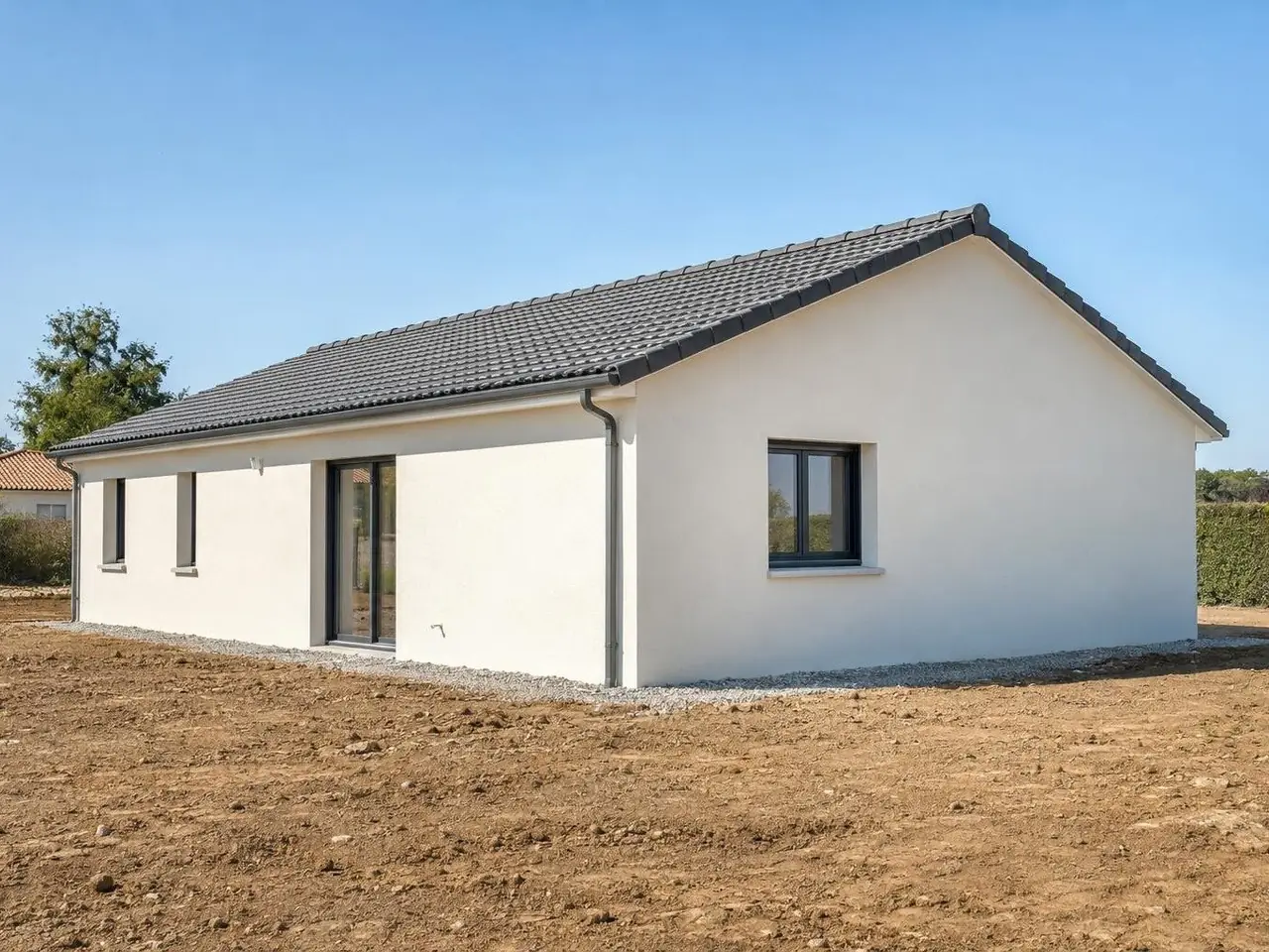 Maison neuve de plain-pied enduite d'un crépi blanc cassé, toit de tuiles grises, bande de gravier au pied des murs