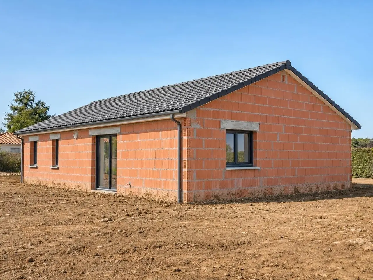 Maison neuve de plain-pied aux murs en briques rouges à nu, toit de tuiles grises, terre nue jusqu'au pied des murs