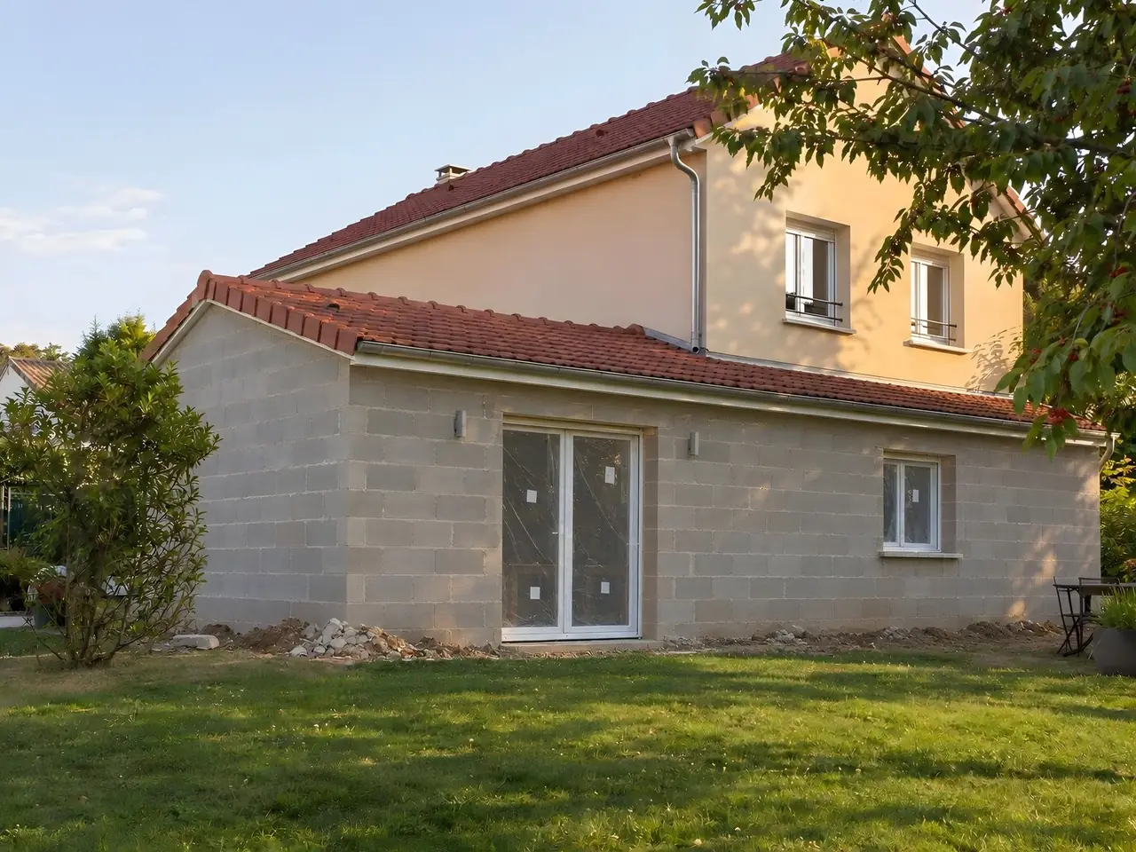 Extension en parpaings bruts accolée à un pavillon, gravats et cailloux au pied du mur sur la pelouse