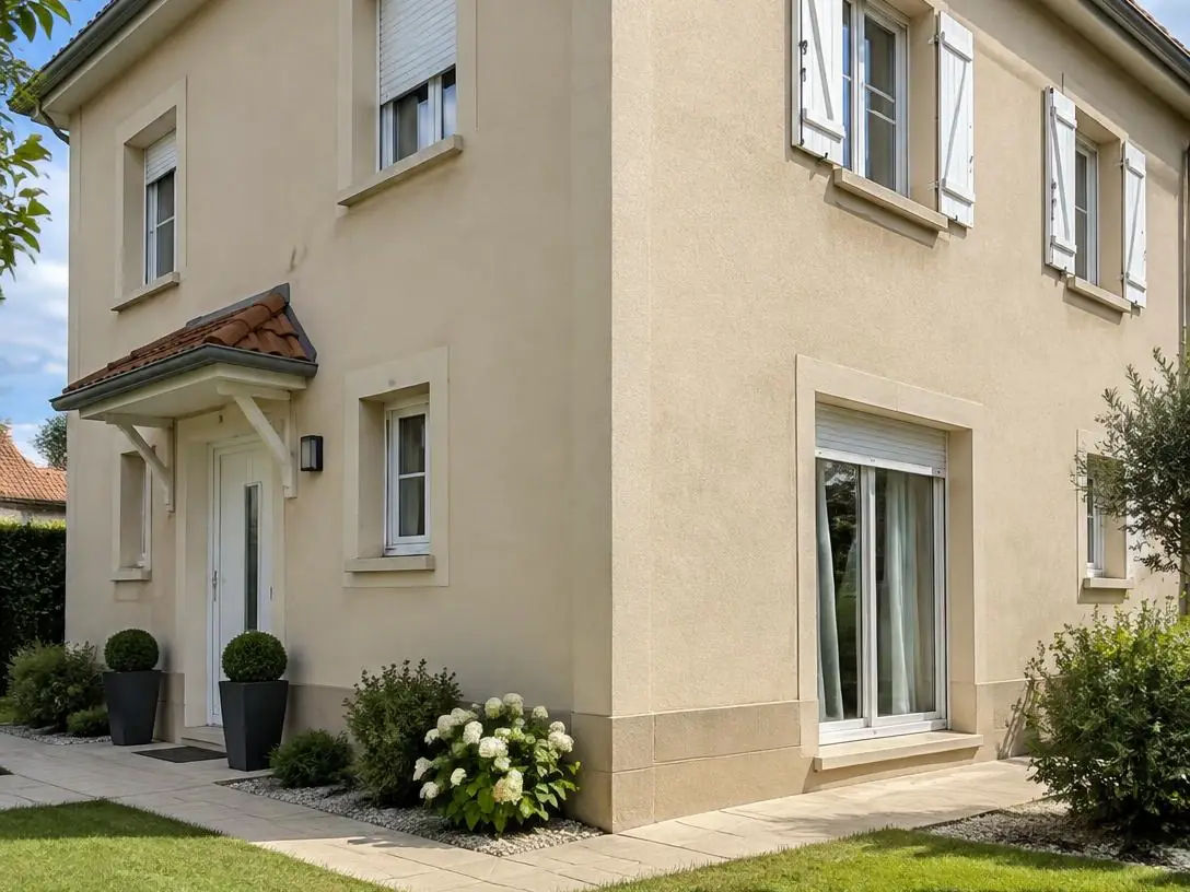 Pavillon au crépi crème : tours de fenêtres et appuis lissés ton pierre, soubassement lisse au pied du mur