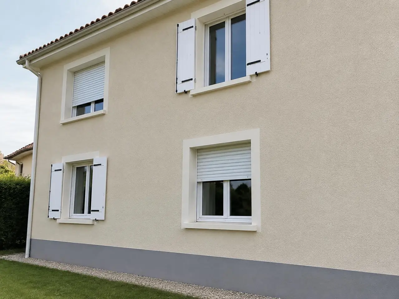 Pavillon au crépi beige, tours de fenêtres soulignés de blanc cassé et soubassement peint en gris