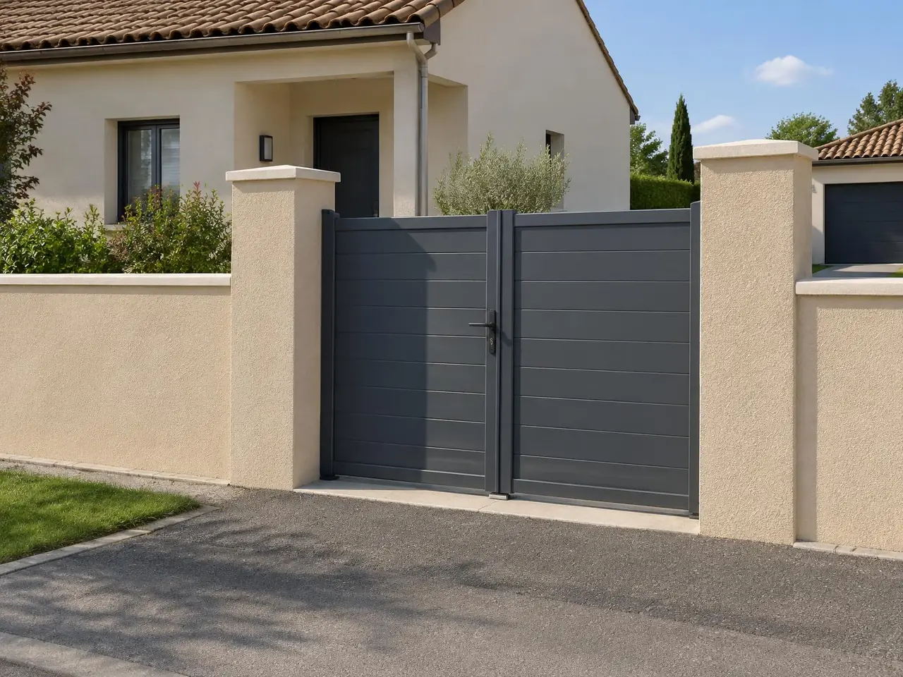 Mur de clôture et piliers de portail enduits d'un crépi beige, portail gris anthracite, pavillon derrière