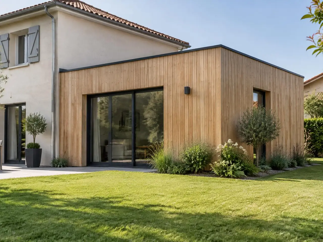 Extension habillée de lames de bois clair verticales, accolée à un pavillon enduit, grande baie vitrée noire
