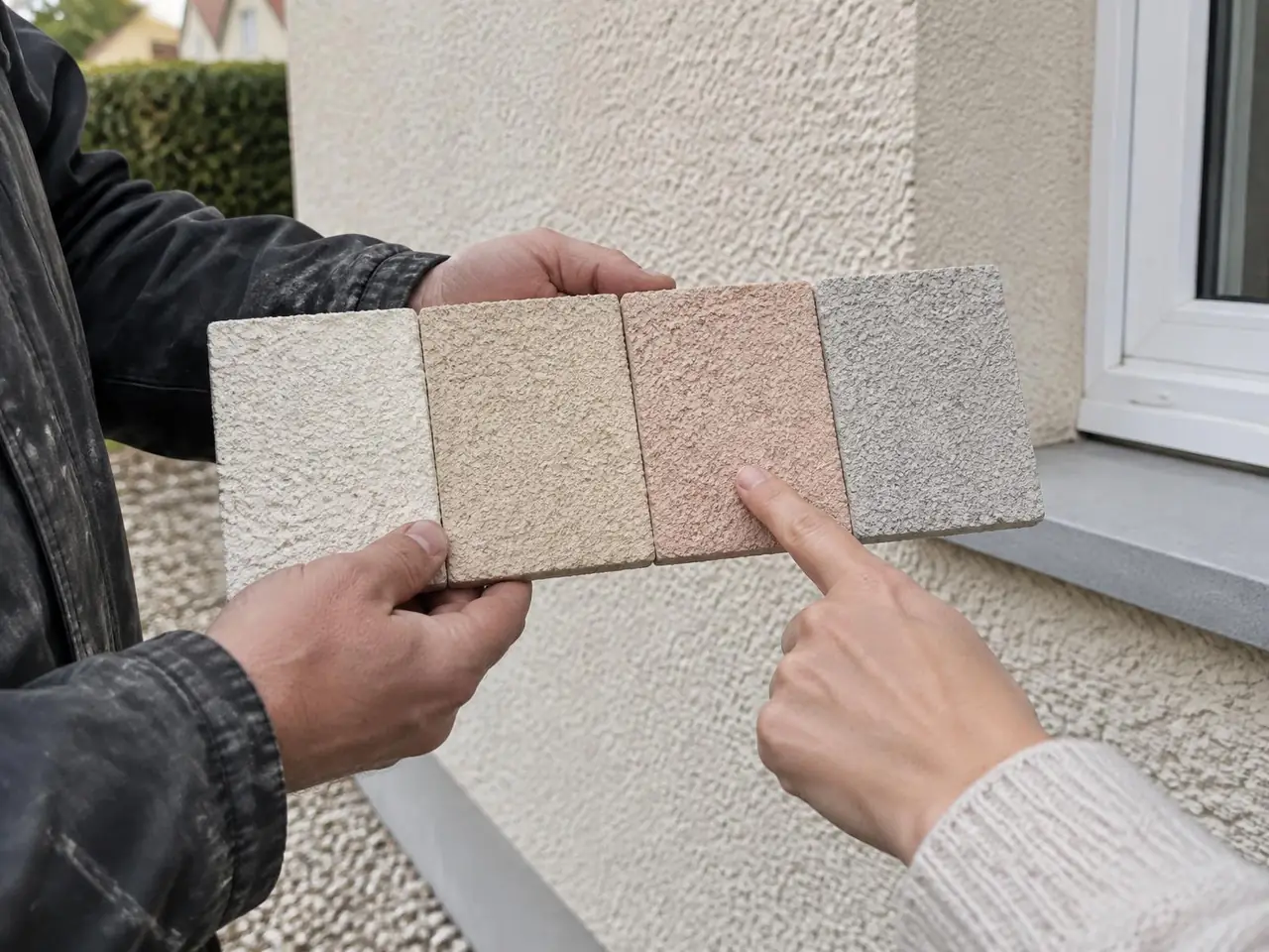 Échantillons de crépi de quatre teintes tenus devant le mur d'une maison, la cliente en désigne un du doigt