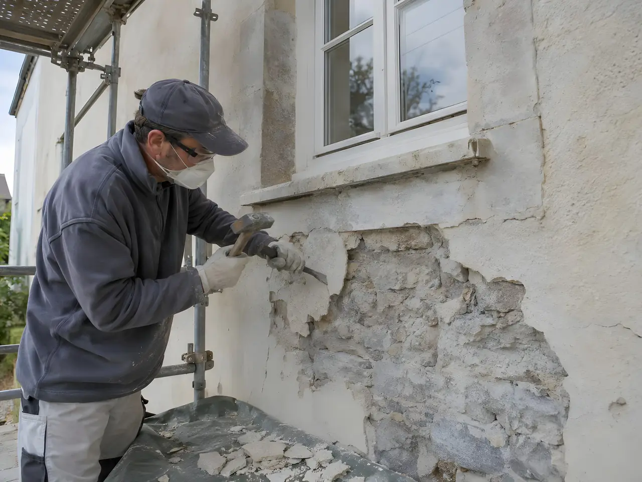 Artisan masqué et en lunettes qui piquette au marteau un vieil enduit décollé, laissant voir les moellons du mur