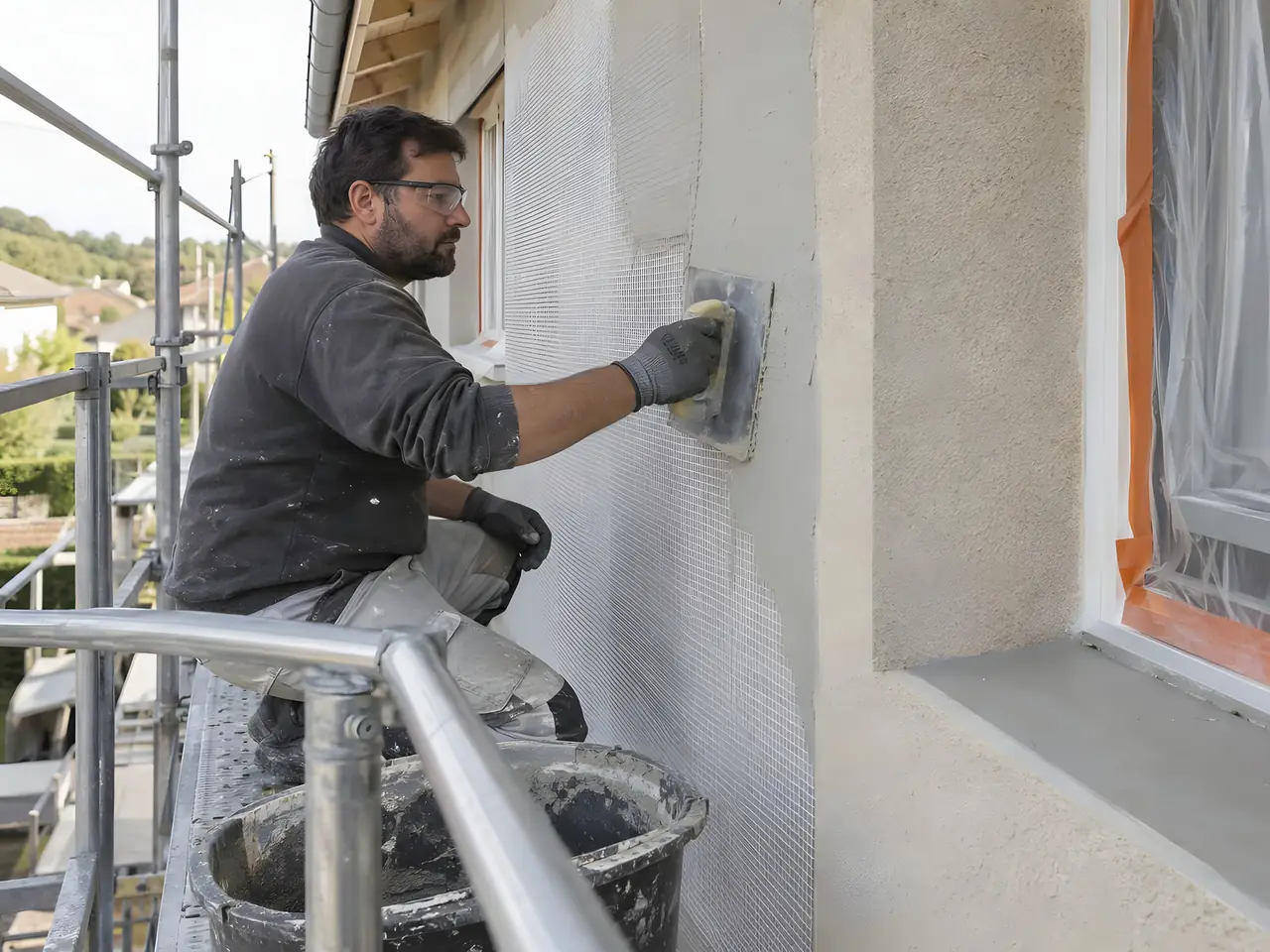 Artisan sur un échafaudage qui noie un treillis d'armature blanc dans l'enduit à la taloche