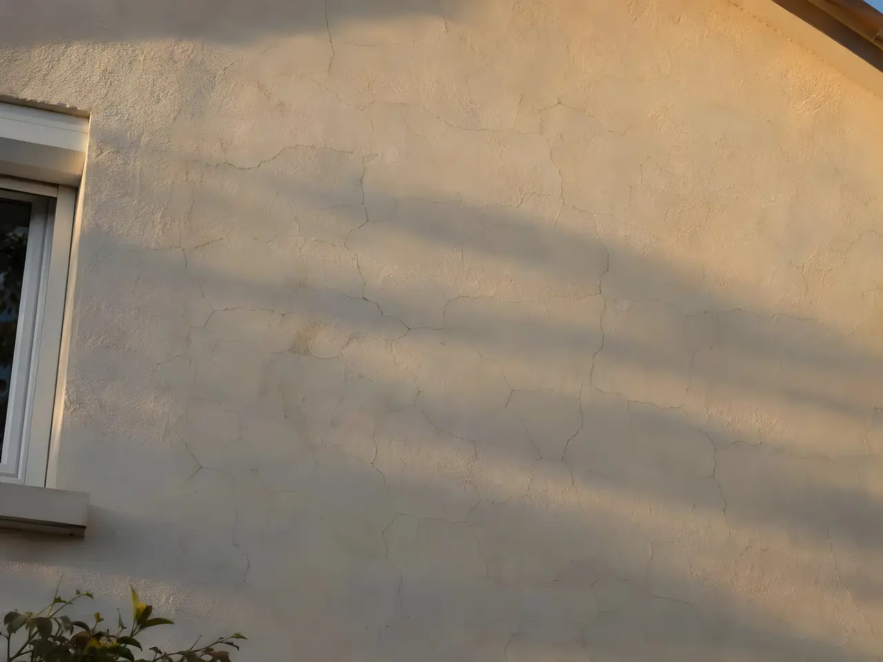Pignon enduit beige parcouru d'un réseau de fines fissures en toile d'araignée, éclairé par le soleil rasant