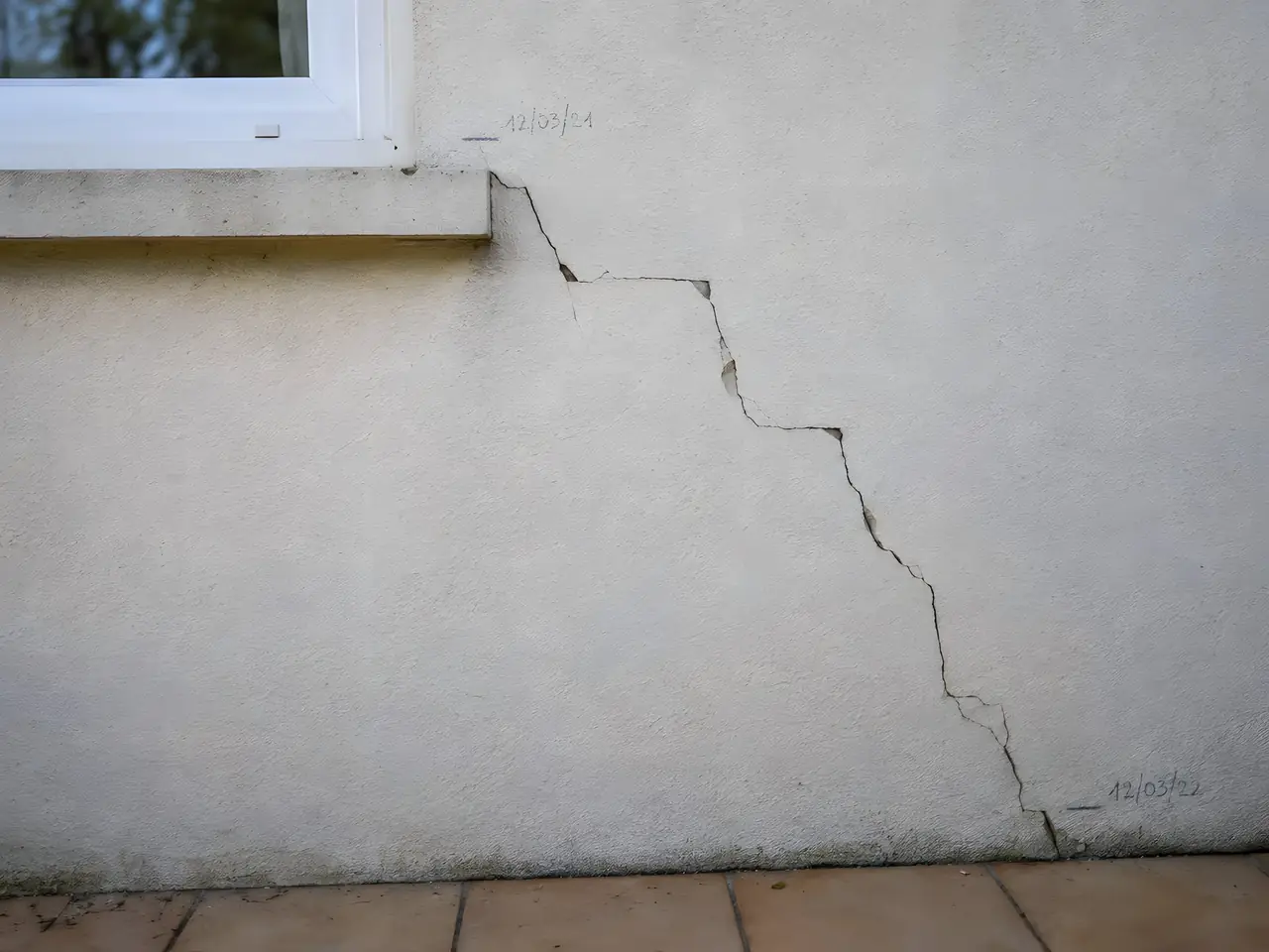 Longue fissure en escalier qui descend d'un appui de fenêtre, dates notées au crayon à ses deux extrémités