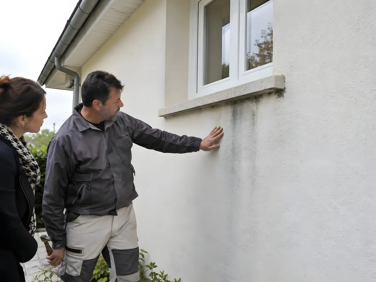 Artisan qui montre à une cliente, la main sur le mur, une coulure noire d'humidité sous un appui de fenêtre