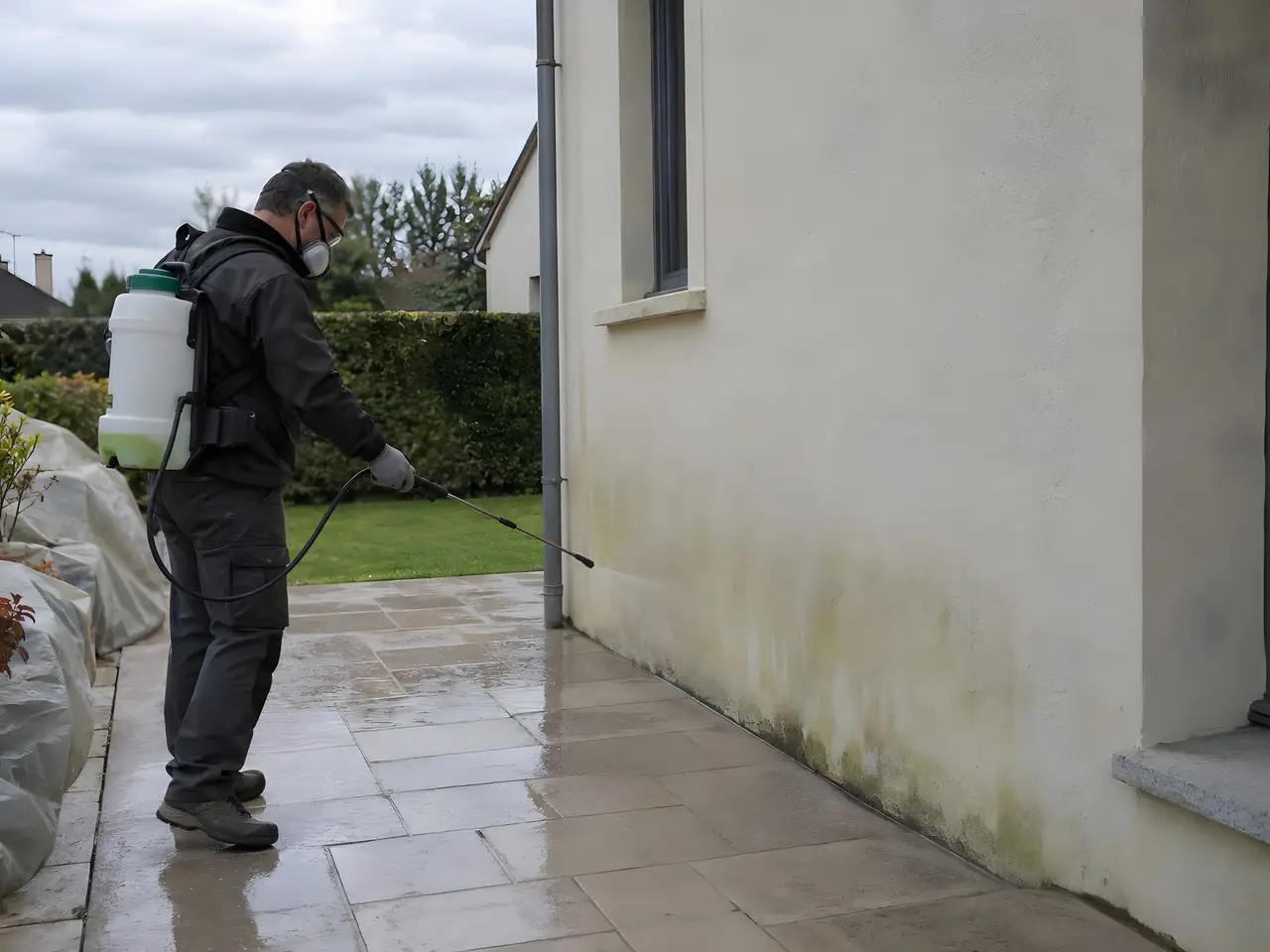Artisan masqué qui pulvérise un traitement au pied d'une façade verdie, réservoir sur le dos, plantes bâchées