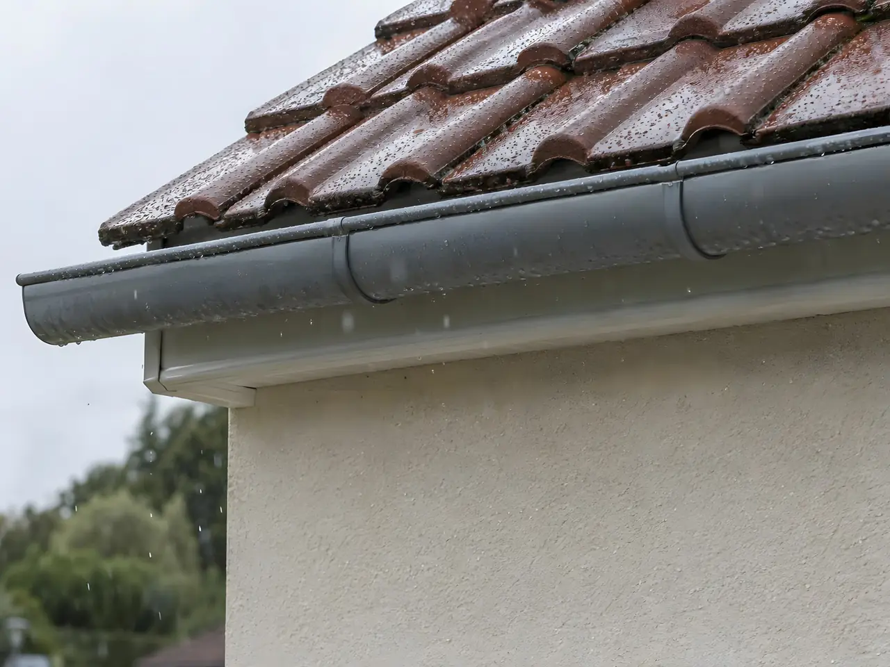 Gouttière grise neuve au bord d'un toit de tuiles mouillées, au-dessus d'une façade enduite, sous la pluie