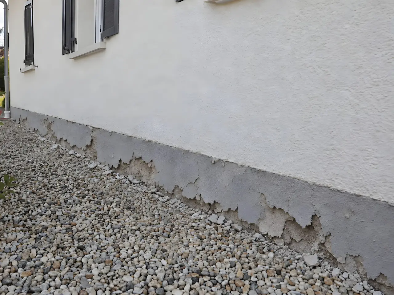 Soubassement gris d'une façade blanche qui s'écaille et tombe par plaques au-dessus des graviers