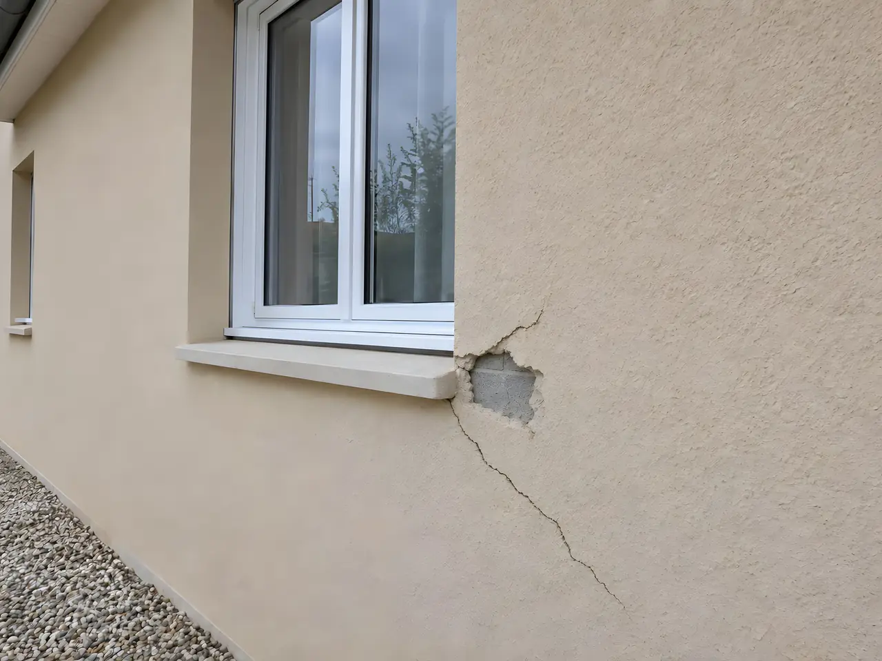 Façade enduite beige fendue sous l'angle d'un appui de fenêtre, un éclat d'enduit tombé laisse voir le parpaing