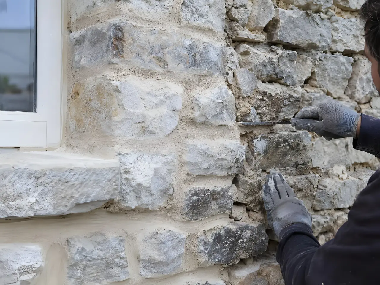 Mains gantées qui grattent au fer les vieux joints d'un mur en moellons, partie déjà rejointoyée près de la fenêtre