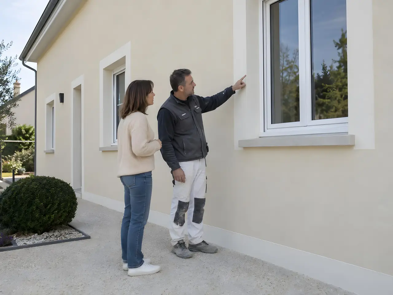 Artisan qui montre à une cliente l'encadrement d'une fenêtre sur une façade enduite beige refaite