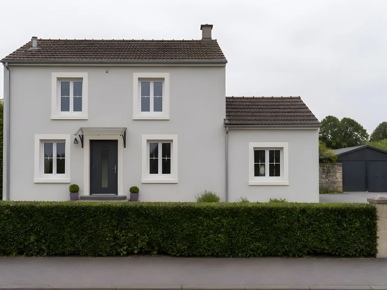 Le même pavillon repeint en gris clair, tours de fenêtres blanc cassé et porte anthracite, derrière sa haie