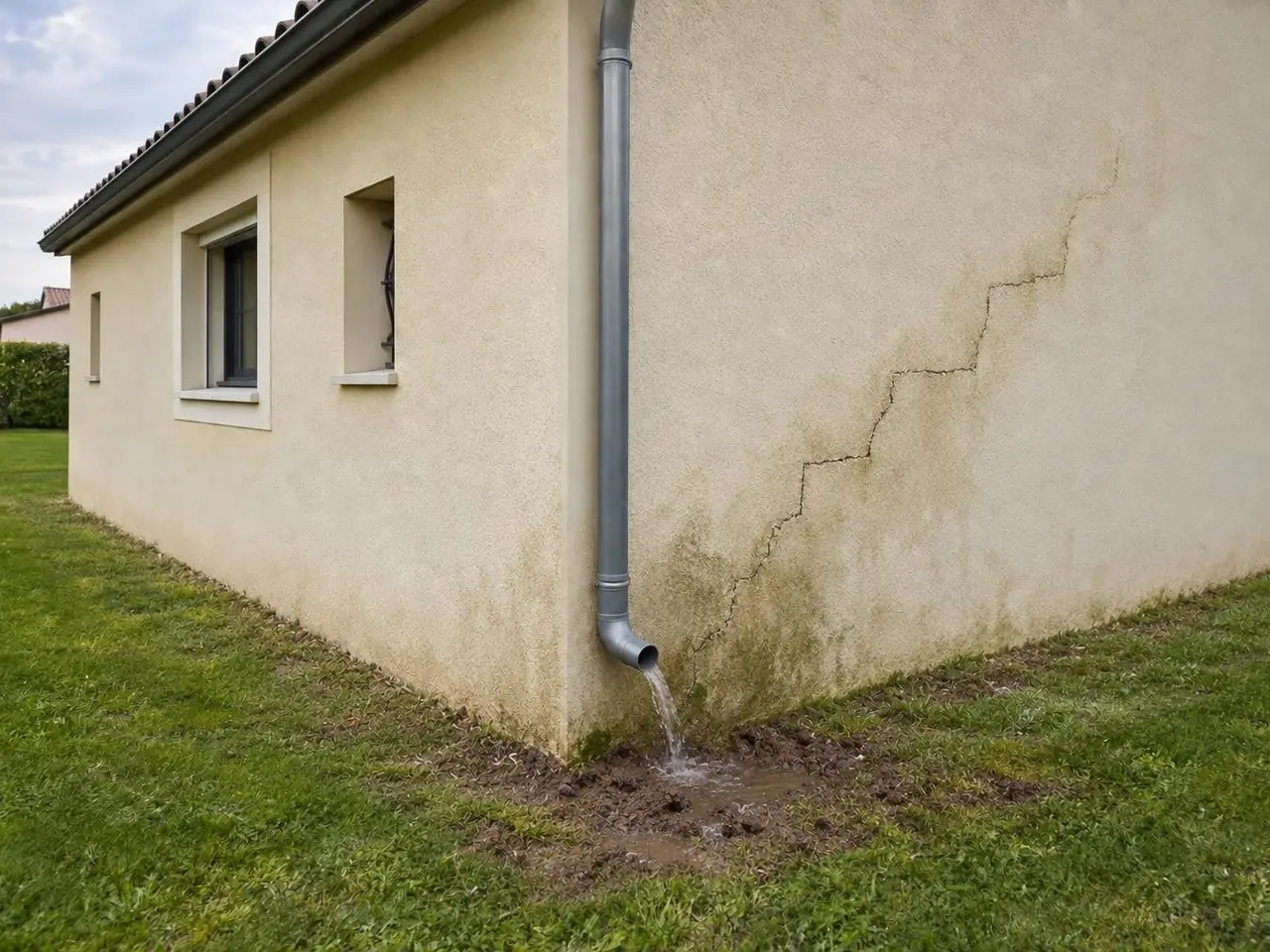 Angle de pavillon en crépi beige, fissure en escalier près d'une descente d'eau qui se déverse dans la terre