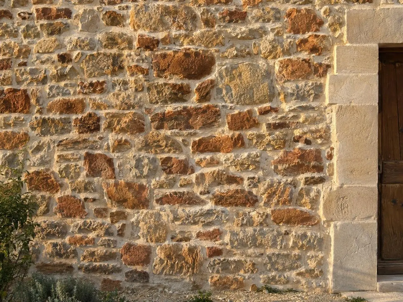 Mur de moellons roux et calcaires rejointoyé à la chaux beige sable, joints pleins, encadrement de porte en pierre