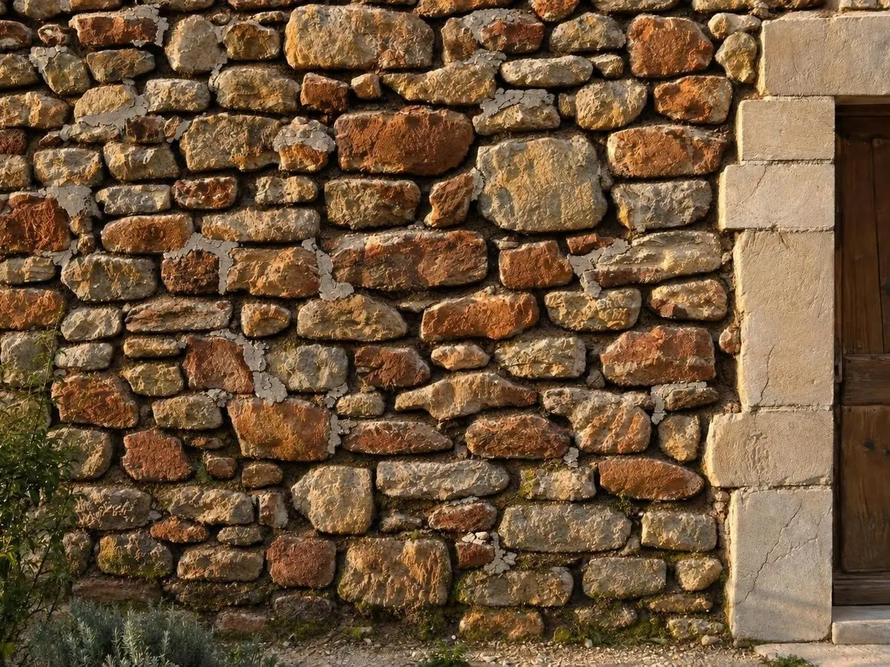 Mur de moellons roux et calcaires aux joints vides et creusés, restes de ciment gris, encadrement de porte en pierre