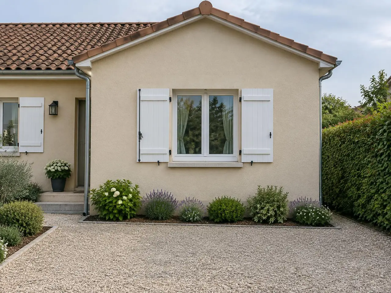 Ancien garage d'un pavillon, porte murée et enduite comme la maison, fenêtre à volets blancs posée au milieu