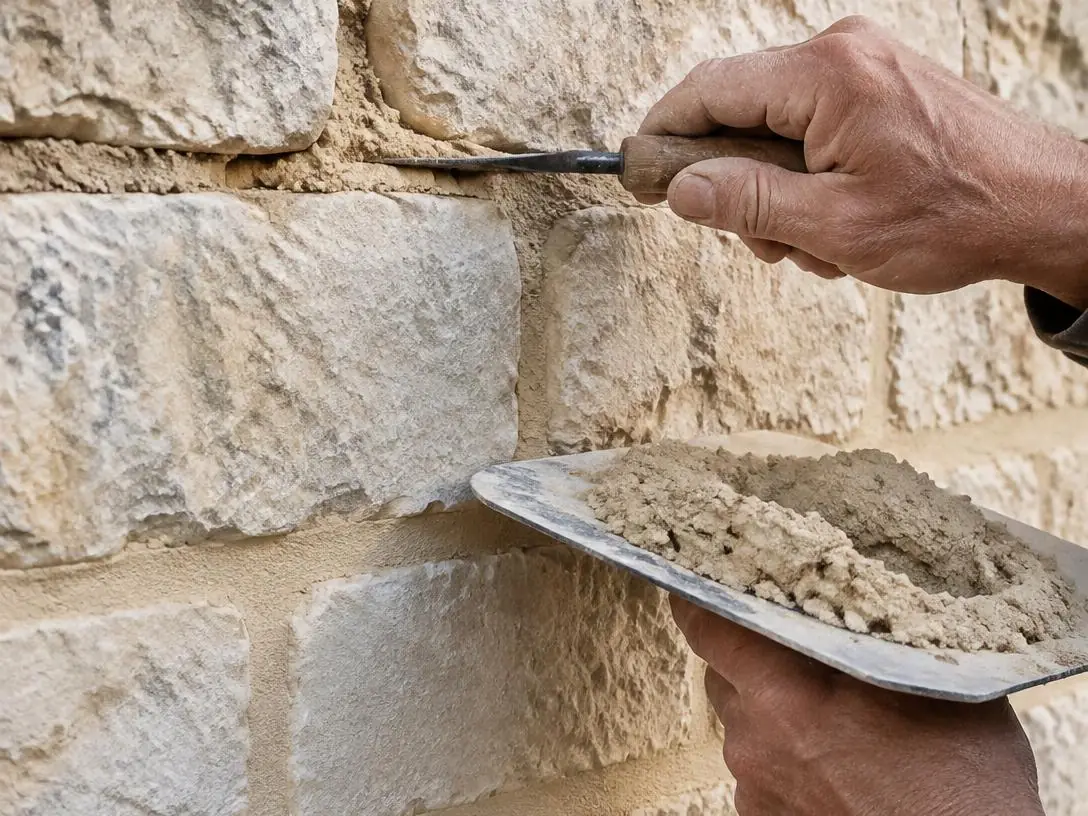 Mains d'un maçon garnissant au fer les joints d'un mur en pierre calcaire, mortier de chaux sur la taloche