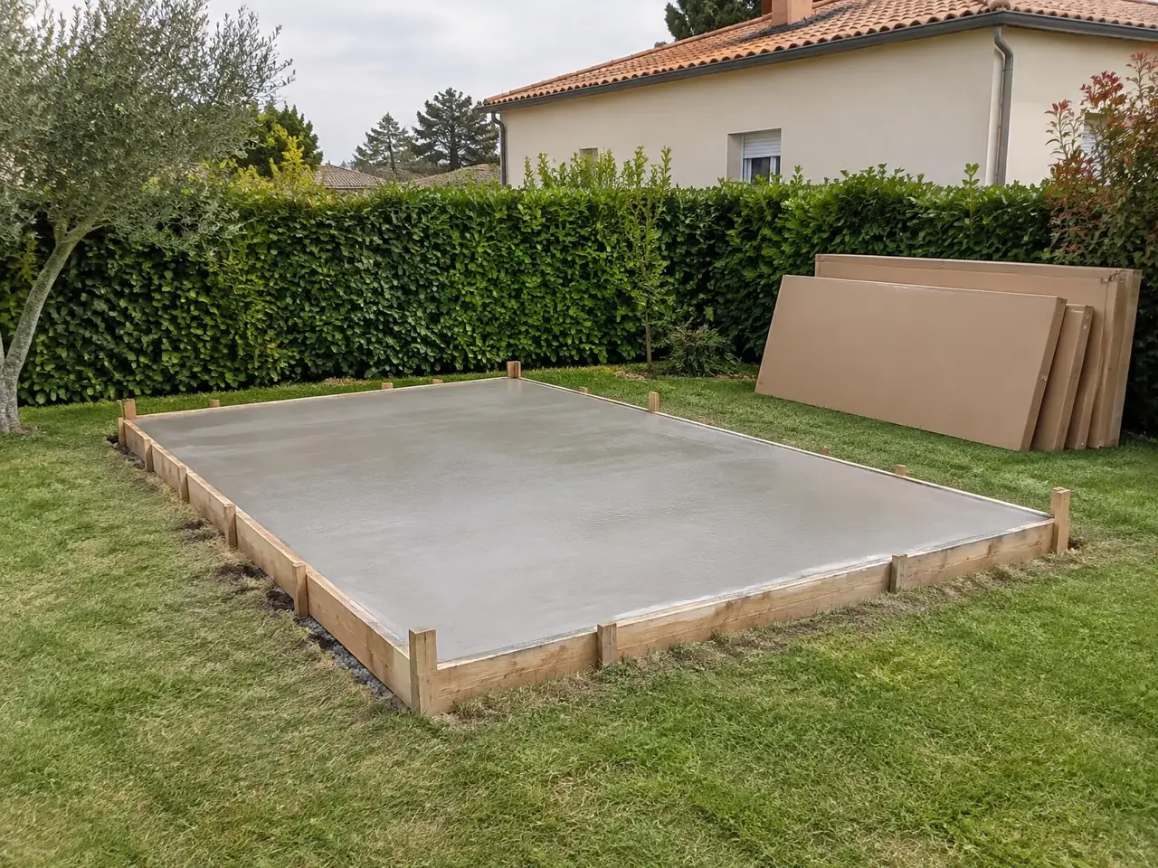 Dalle béton fraîche dans son coffrage en planches sur une pelouse, panneaux de l'abri appuyés contre la haie