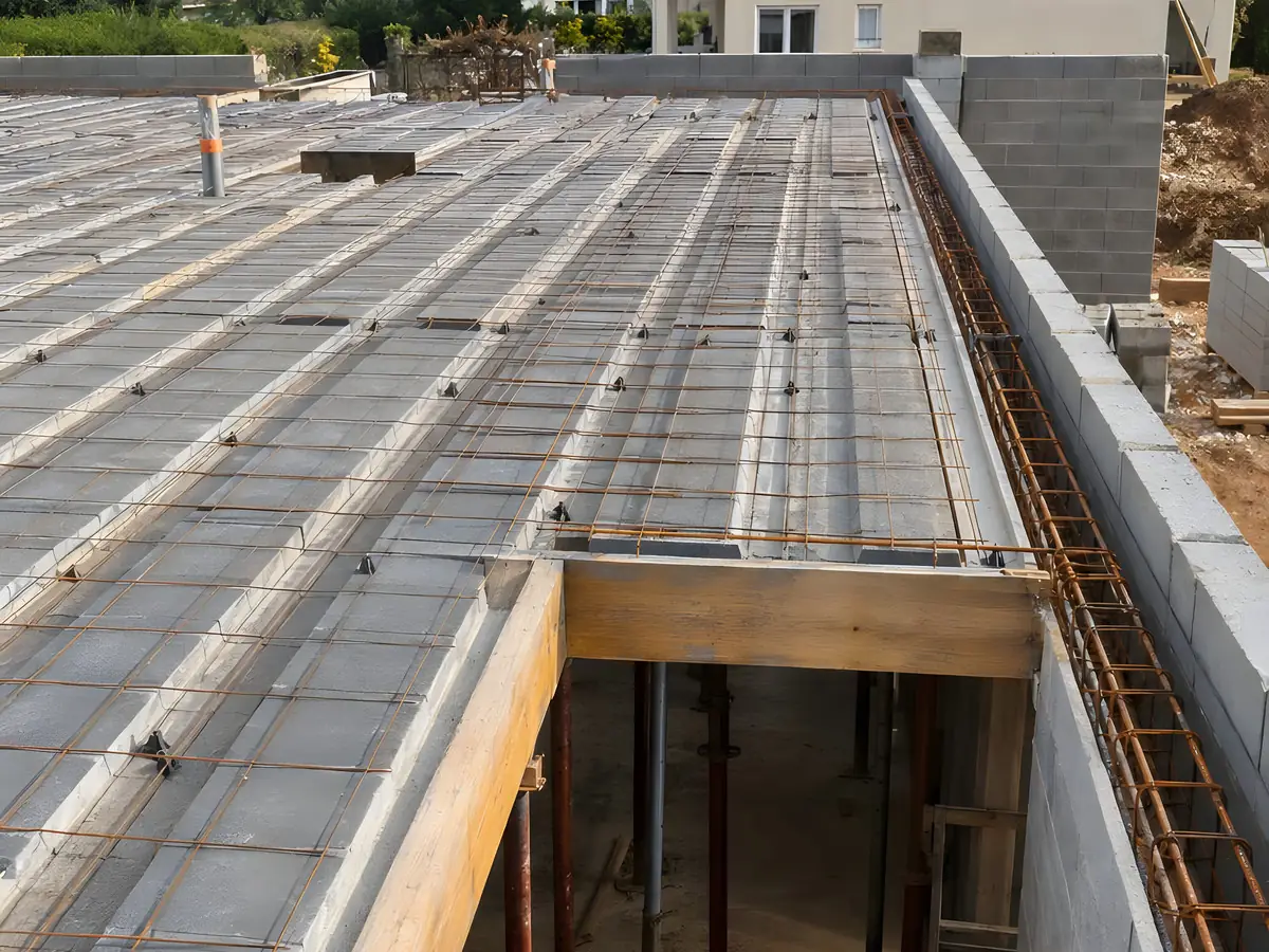 Plancher en poutrelles et hourdis couvert de treillis avant le coulage, chaînage ferraillé le long du mur, trémie coffrée et étais dessous