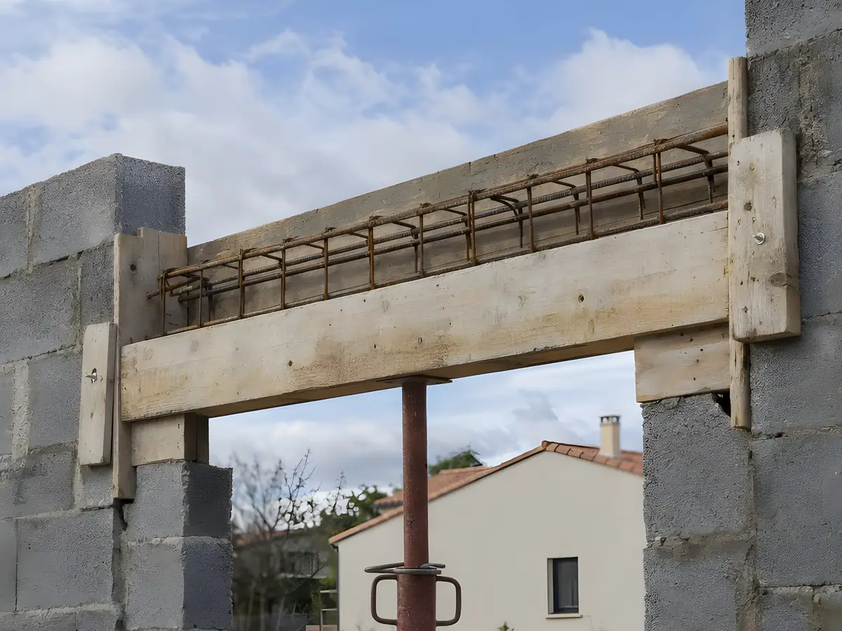 Coffrage en planches d'un linteau entre deux piliers en parpaings, cage d'aciers posée dedans, étai rouge dessous