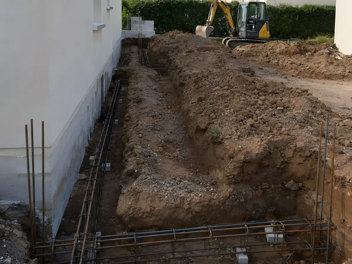 Tranchée de fondation creusée le long d'une maison, cages d'aciers posées au fond et fers dressés, mini-pelle au bout du terrain