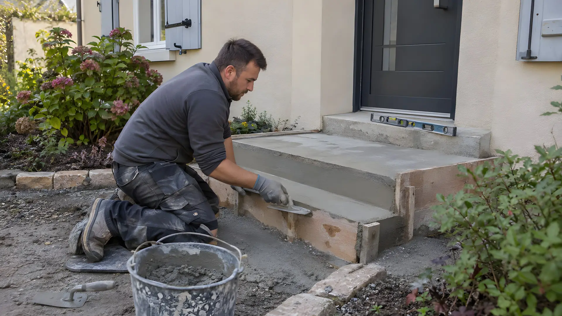 Maçon à genoux qui lisse à la truelle une marche en béton frais dans son coffrage en planches, devant l'entrée