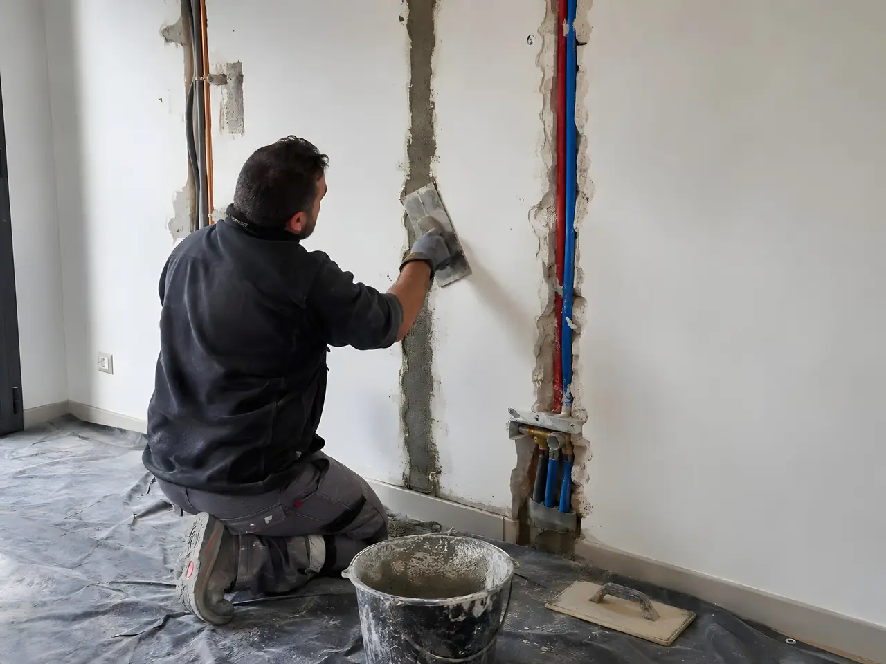 Maçon à genoux qui rebouche au mortier les saignées d'un mur blanc, gaines et tuyaux rouge et bleu encore apparents