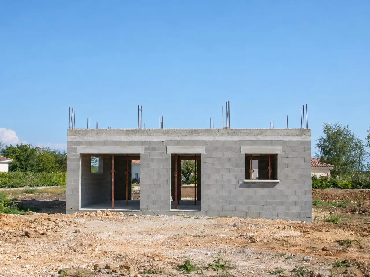 Rez-de-chaussée en parpaings sous le plancher d'étage, fers en attente dessus, étais visibles par les ouvertures