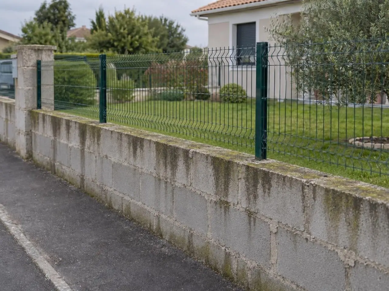 Muret de clôture en parpaings bruts tachés de vert sous un grillage rigide vert foncé, le long d'un trottoir
