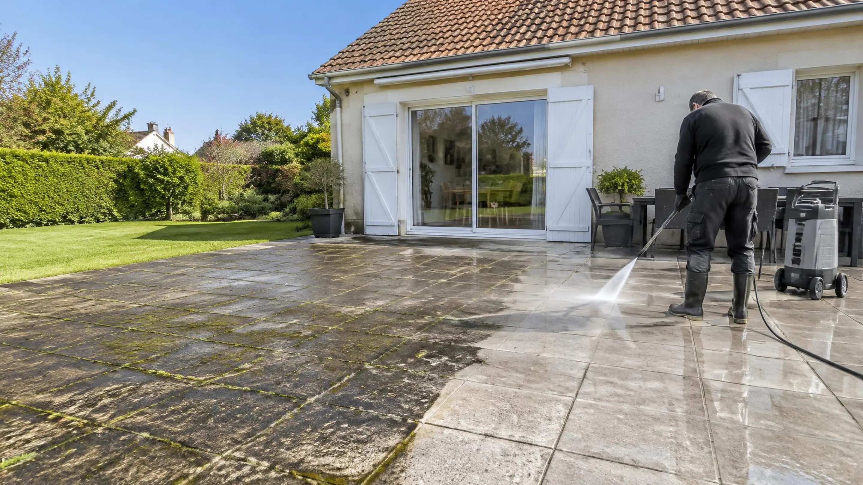 Terrasse en dalles lavée au nettoyeur haute pression devant un pavillon : noire à gauche, propre à droite