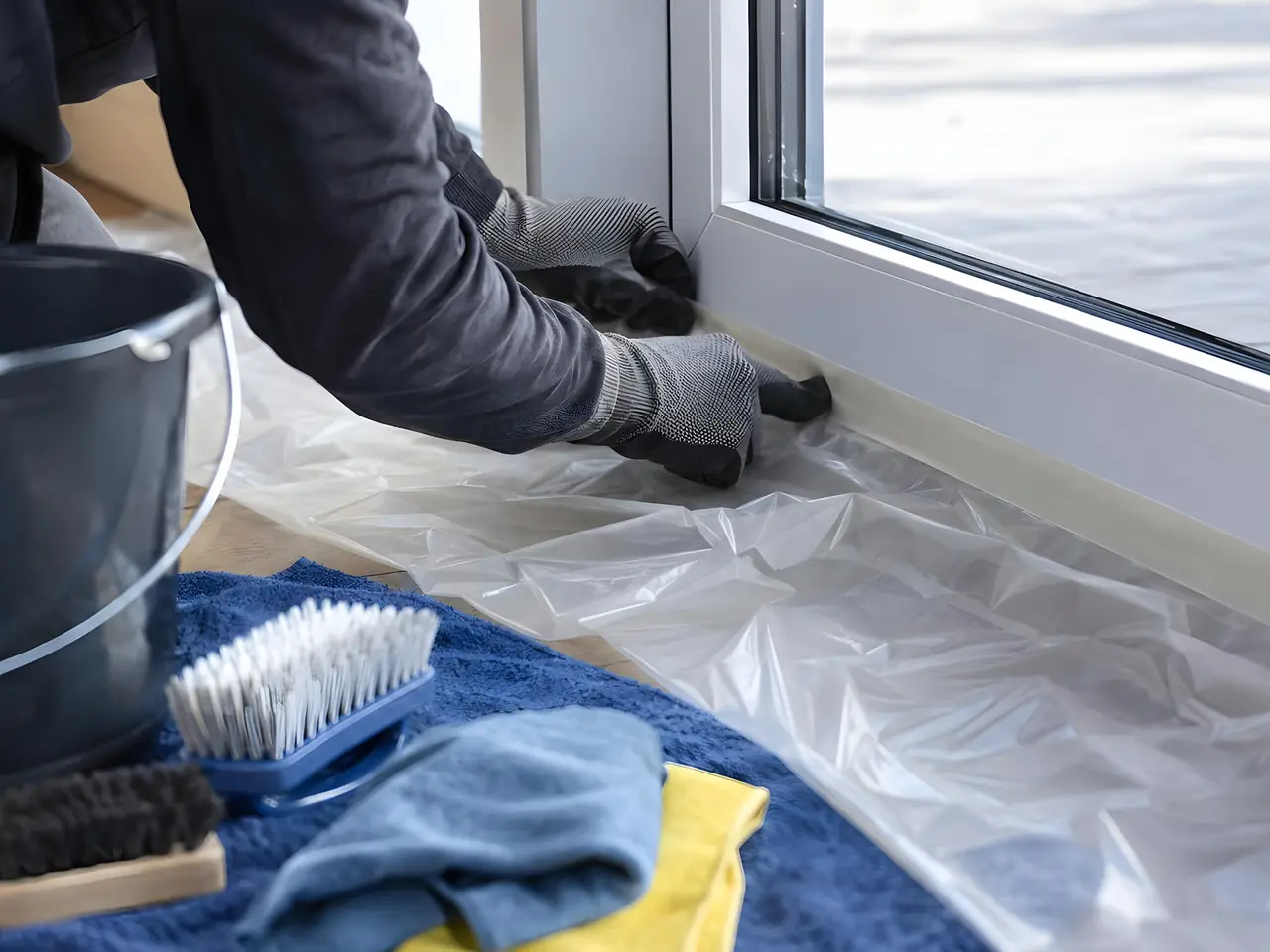 Mains gantées qui fixent une bâche plastique au pied d'une porte-fenêtre, brosses et chiffons sur une serviette